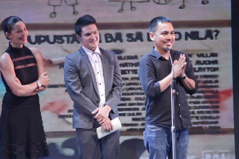 CHILDREN’S SHOW D.O.P Mycko David wins the Canon Award for Cinematography and a C100 camera (worth $5,000 U.S.) behind him are presenters previous awardees Angel Aquino & Nathan Lopez. The Cinemalaya X Awards was held last August 10, 2014 at the CCP. Watch out for Cinemalaya films’ commercial release in the coming months. Photo by Jude Bautista