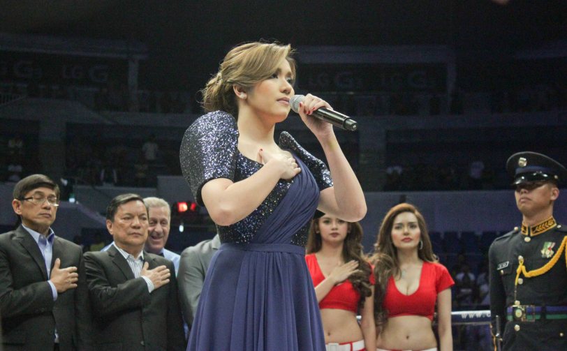 Angeline Quinto sang LUPANG HINIRANG perfectly. She was certainly younger and prettier than the Mexican representative who sang MEXICANOS, AL GRITO DE GUERRA. PINOY PRIDE 30 D-Day was held at the SMART Araneta Coliseum last March 28, 2015. Photo by Jude Bautista