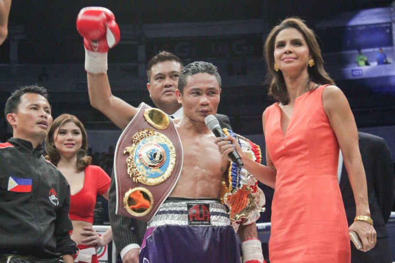 Dyan Castillejo interviews Donnie Nietes after 10th rd TKO victory over Gilberto Parra. He successfully defends his WBO/IBF World Jr Flyweight Belt for the 7th time. PINOY PRIDE 30 D-Day was held at the SMART Araneta Coliseum last March 28, 2015. Photo by Jude Bautista