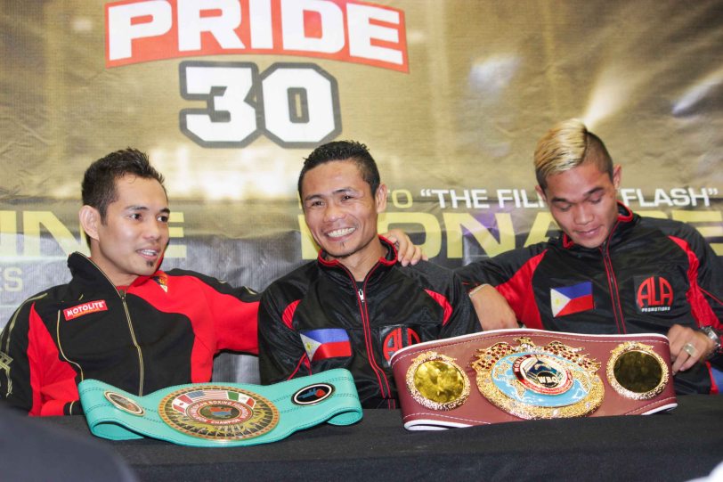 3 champs from left: Nonito Donaire Jr (NABF Super Bantamweight Champ), Donnie Nietes (WBO World Jr Flyweight Champ)  & Prince Albert Pagara (IBF Intercontinental Jr Featherweight Champ). PINOY PRIDE 30 D-Day was held at the SMART Araneta Coliseum last March 28, 2015. Photo by Jude Bautista