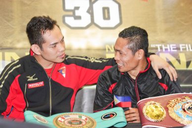 from left: Nonito Donaire Jr (NABF Super Bantamweight Champ) & Donnie Nietes (WBO World Jr Flyweight Champ). PINOY PRIDE 30 D-Day was held at the SMART Araneta Coliseum last March 28, 2015. Photo by Jude Bautista