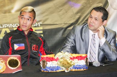 from left: Prince Albert Pagara (IBF Intercontinental Jr Featherweight Champ), & ALA Promotions Pres. & CEO Michael Aldeguer. PINOY PRIDE 30 D-Day was held at the SMART Araneta Coliseum last March 28, 2015. Photo by Jude Bautista 