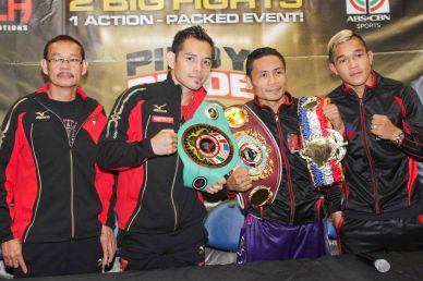 from right: Prince Albert Pagara (IBF Intercontinental Jr Featherweight Champ), Donnie Nietes (WBO World Jr Flyweight Champ), Nonito Donaire Jr (NABF Super Bantamweight Champ) and Coach/trainer Nonito Donaire Sr. PINOY PRIDE 30 D-Day was held at the SMART Araneta Coliseum last March 28, 2015. Photo by Jude Bautista