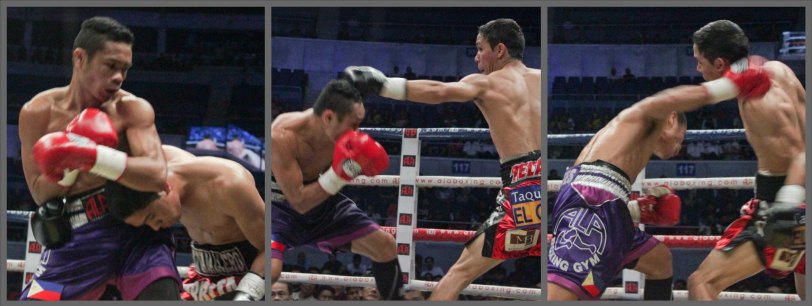 from left: Parra clinches to stop the punishment. Nietes bobs & weaves under Parra’s jab, then slips to land the overhand right. PINOY PRIDE 30 D-Day was held at the SMART Araneta Coliseum last March 28, 2015. Photo by Jude Bautista