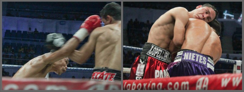 from left: Another heavy right hand lands for Nietes. Parra has no choice but to clinch to stop the onslaught. PINOY PRIDE 30 D-Day was held at the SMART Araneta Coliseum last March 28, 2015. Photo by Jude Bautista