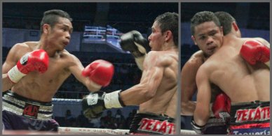 From left: Donnie Nietes lands hard combo, which forces Parra to clinch once again. PINOY PRIDE 30 D-Day was held at the SMART Araneta Coliseum last March 28, 2015. Photo by Jude Bautista