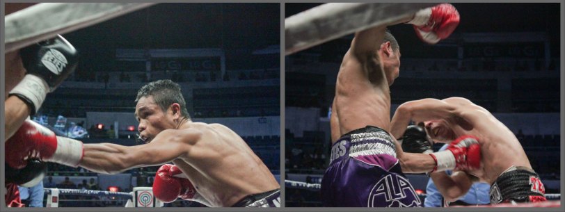 from left: Nietes’ lands vicious body shot and (right) overhand right follows left hook. PINOY PRIDE 30 D-Day was held at the SMART Araneta Coliseum last March 28, 2015. Photo by Jude Bautista
