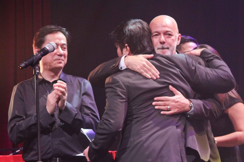 9 Works Theatrical Executive Producer Santi Santamaria hugs Michael De Mesa as Audie Gemora looks on LA CAGE AUX FOLLES –Outstanding Prod of Existing Material. The 8th Philstage Gawad Buhay was held at Onstage Greenbelt last April 28, 2016. Photo by Jude Bautista
