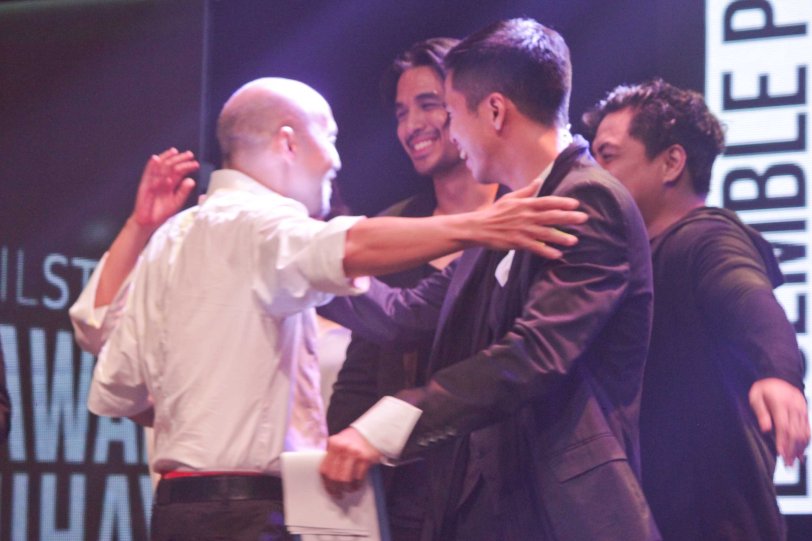 Bart Guingona hugs his cast in NORMAL HEART winning 3 nods: Outstanding Ensemble Performance, Stage Direction and Existing Material for a Play. The 8th Philstage Gawad Buhay was held at Onstage Greenbelt last April 28, 2016. Photo by Jude Bautista