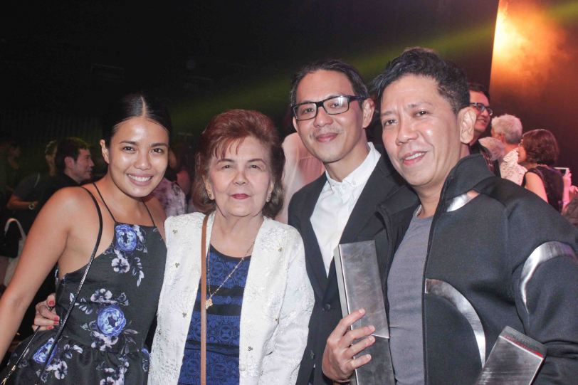 from right: Kanakan Balintagos – Outstanding Original Script for MGA BUHAY NA APOY, BP Artistic Dir. Paul Alexander Morales, Leonie Calo Solito and talented BP Alum Carissa Adea. The 8th Philstage Gawad Buhay was held at Onstage Greenbelt last April 28, 2016. Photo by Jude Bautista